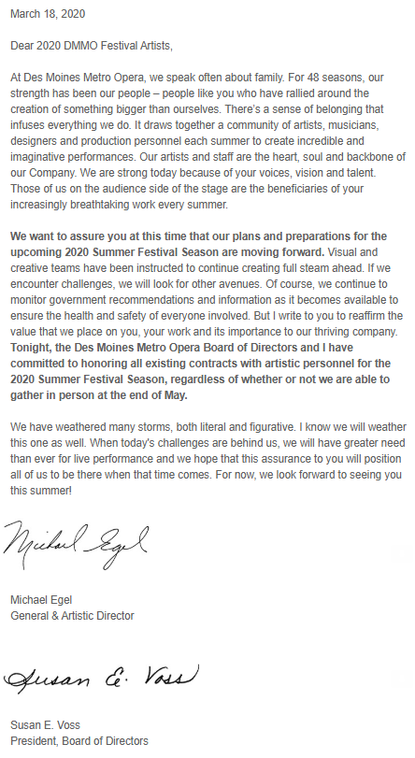 BREAKING: Des Moines Metro Opera Guarantees to Honor All Artistic Contracts In 2020 Summer Festival