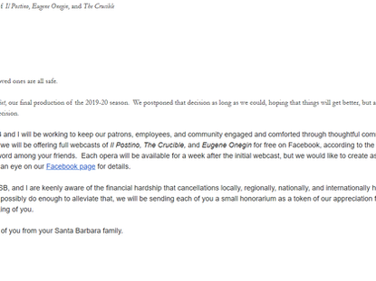 Opera Santa Barbara Cancels Rest of Season, Pays All Artists for Cancellation and Online Streaming