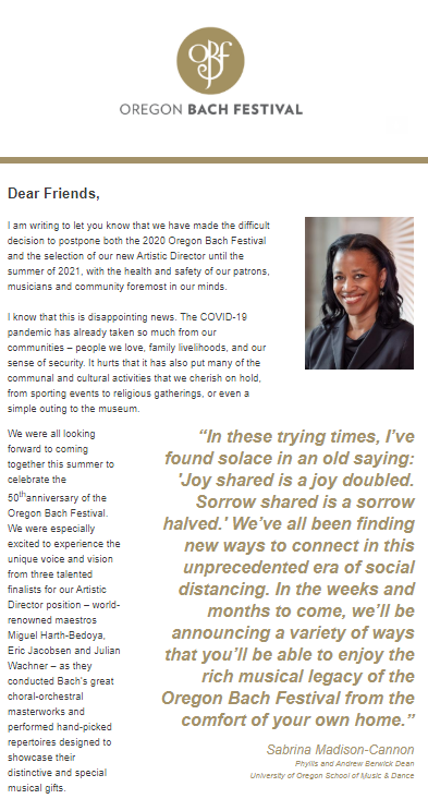 Oregon Bach Festival Cancels 2020 Summer in Mass Email, Some Musicians Find Out on Facebook