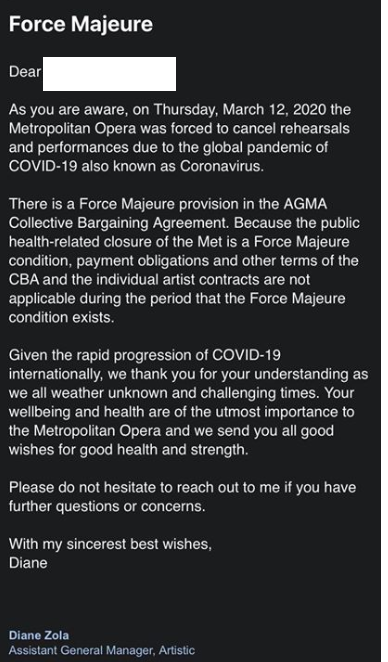 The Metropolitan Opera Will Not Pay Contracted Soloists, Citing Force Majeure