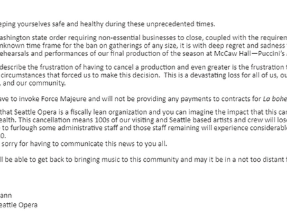 In Graceful Letter to Artists, Seattle Opera Cancels Rest of Season, Citing Force Majeure