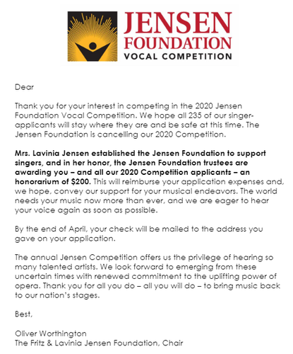 Jensen Foundation Vocal Competition Cancels, Sends $47,000 Split Equally to 235 Applicants. 